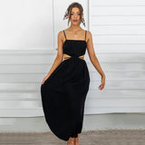 Back to college   Sleeveless Hollow Out Summer Black Midi Dress Women Ruffle A-Line Vintage Blackless Lace Up Boho Spaghetti Dresses