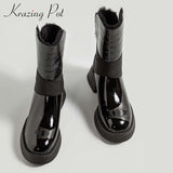 krazing pot 2021 winter new boots genuine leather stone pattern round toe thick med heel slip on convenient mid-calf boots l23