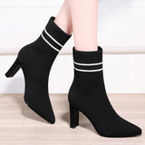 Knitting Boots High Heels Dress Shoes   New Pointed Toe Fashion Booties Black Striped Stretch Fabric Botas Mujer