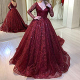 Amozae- Dress For Wedding Guest Red Shinny New Lady V Neck Long Sleeve Gown Cocktail Suitable for Evening Partie Engagement Vestido