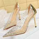 2021 Summer Luxury Women 10cm Thin High Heels Pumps Pointed Toe Diamond Pumps Rose Gold Crystal Pumps Prom Large Size 43 Shoes