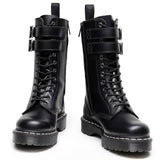 Amozae  Women Platform Leather High Boots New Female Shoes Punk Buckle Long Boot Woman Lace Up Booties Black Gothic Mid Tube Boots