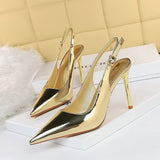 Amozae--Summer Female Office Pumps Pointed Toe Patent Leather Metal Heel 9.5cm High Heels Ladies Solid Plus Size   CLub Womans Shoes