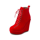 Amozae Platform Women's Ankle Boots Shoes Autumn Winter Wedge Heels Lace Up Short Boots Nude Red Black Suede Ankle Boots For Women