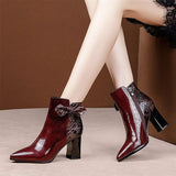 Women Autumn   Patent Leather Zip Bowtie Ankle Boots Snake Skin Pointed Toe Woman High Heels Female Mixed Color Shoes