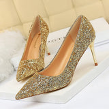 2023 Women 7cm 9.5cm High Heels Sequins Glitter Luxury Designer Pumps Plus Size 43 Wedding Bridal Gold Valentine Scarpins Shoes