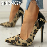 SHY Fashion Leopard Pointed Toe Metal Chain Thin Heels Snakeskin   Party Women Shoes Rome Design Thin Heel Female Dress Shoes