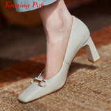 Back to College Krazing pot brand full grain leather slip on square toe high heels basic clothing sweety metal fasteners women shallow pumps L23