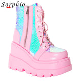 Christmas Gift Fashion Platfrom Wedges Ankle Boots Women Pink Color Changing Zipper Lace Up Design Goth Shoes Woman Casual Comfort Popular