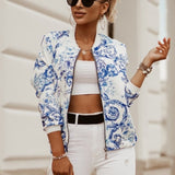 Amozae  Flower Print Long Sleeve Women's Bomber Jacket Fashion Zipper Up Vintage Coat Tops Elegant Slim Basic Ladies Jackets Outwear