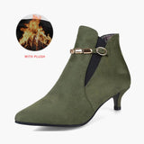 Women Ankle Boots Buckle Strap Plus Size Ladies Thin High Heels Female Flock Metal Elastic Band Autumn Winter Warm Classic Shoes