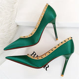 2021 Fashion Women 9.5cm High Heels Shoes Green Rivets Office Satin Silk Pumps Lady Scarpins Plus Size 34-43 Quality Party Shoes