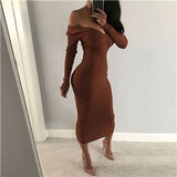 Amozae  Spring Autumn   Deep V-Neck Casual Knitted Dress Women Fashion Long Sleeve Sweater Dresses   Package Hip Long Dress