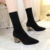 Amozae  Women Ankle Knitted Boots Block 7cm High Heels Short Boots Stripper Winter Warm Sock Stretch   Chunky Designer Shoes