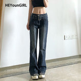 Amozae-- Casual Vintage  Black Jeans Women 2000S Aesthetic Skinny Flared Pants Capris With Belt Fashion Korean Trousers