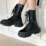 Amozae--Christmas Gift  Mid-tube Motorcycle Martin Boots Women's Autumn 2024 Black Platform Rubber Lace-up Designer Korean Fashion British Style