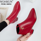 Amozae  2022 Fashion Women Boots Casual Leather Low High Heels Spring Shoes Woman Pointed Toe Rubber Ankle Boots Black Red Zapatos Mujer