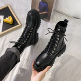 Amozae  Christmas Gift  Women Autumn Winter White Black PU Leather Suede Boots Round Toe Lace Up Shoes Woman Fashion Motorcycle Platform