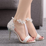 Amozae  White Thin High Heels Women Sandals Beading Ankle Strap Sandals Shoes Woman Ladies Open Toe Dress Party Wedding Shoes H0005