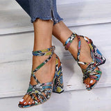 Gladiator Sandals Woman Summer Vintage Snakeskin Women Lace ladies Shoes Peep Open Toe Sandals Pumps   Plus Shoes Size 34-43