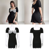 Amozae  Lace Bow Patchwork Split Dress   Vintage 90s Aesthetic Milkmaid Korean Bodycon Dress Female Kawaii Cute Clothes