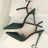 2023 Summer Women 10cm High Heels Sandals Lady   Pointed Toe Size 40 Pumps Female Satin Silk Buckle Green Sandles Prom Shoes