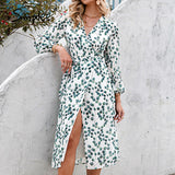 Amozae Elegant Green Leaf Print Dress   Spring Long-sleeved V-neck Women Dresses   Office Wrap Lace-up A-line Vestidos A15