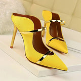 Amozae-Women Fetish 10cm High Heels Slides Female   Summer Mules Satin Slippers Lady Slip On Yellow Sandals Silk Strange Shoes