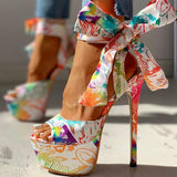 Amozae   shoes Print super thin high heels Shoes sandals women Summer Party platform ankle-wrap Woman sandals female