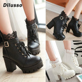 Back to College Fashion Women's Thick High Heel Lace Up Ankle Boots Platform Lace Student Shoes boots square high heel woemn leather boots