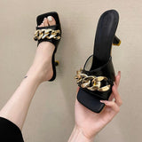 Amzae 2022 Summer Women's Slippers Women Sandals 6cm Heels Shoes Female Golden Metal Chain Ladies Slipper Fashion Casual Slides Mules