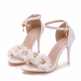 Amozae-  New White Flower Dance Shoes High Heels Women   Show Sandals Ladies Party Club Shoes Wedding New Female Dress Shoes H0043