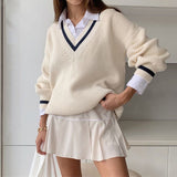 Amozae V Neck White Casual Sweater Women Preppy Style Korean Long Sleeve Jumpers Ladies High Street Autumn Winter Pullover