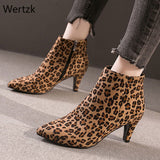 Women Leopard Zip Spike High Heels Pointed Toe Ankle Boots Ladies Flock Fashion Short Boots Female Short Plush Casual Shoes B037