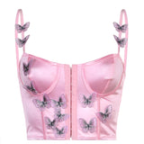 Amozae  Butterfly Appliques Y2K Corset Women Kawaii Aesthetic Pink Camisole Satin Tank Top   Beach Party Outfit Bustier Hot