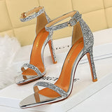 2023 Summer   Women 10cm Fetish High Heels Bling Sandals Designer Sequins Silver Strap Sandals Lady Wedding Bridal   Shoes