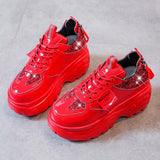 New Women Glitter Sneakers Casual Female Lace Up Zipper Platform Shoes Fashion Comfort Dad Chunky  White Black Red