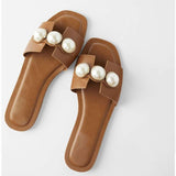 Amozae Fashion Flat Slippers Party  shoes Fulgurant Pearl Sandals thin Belt Roman Flat Women Flip Flops Casual Beach