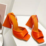 Amozae  Women Design 11cm High Heels Slides Mules Summer Silk Thick Block Heels Sandals Slingback Orange Slipper Party Chunky Shoes