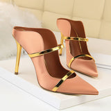 Amozae-Women Fetish 10cm High Heels Slides Female   Summer Mules Satin Slippers Lady Slip On Yellow Sandals Silk Strange Shoes