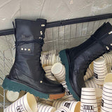 Amozae-Back to College Krazing pot genuine leather round toe motorcycles boots med heels vintage British metal rivets cross-tied punk mid-calf boots