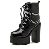 Amozae  Black Gothic Women Shoes Autumn Ladies Ankle Boots High Heels   Chain Punk Style Patent Leather Boots For Party Zipper