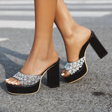 Doratasia 2020 Wholesale Big Size 43 Square High Heels Crystals Platform Women Shoes Summer Sandal Mules Slippers Woman