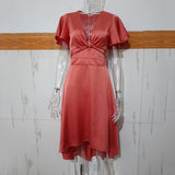 Amozae-Back to college   V Neck  Hollow Out Satin Dresses Vintage Ruffled Lace Up Petal Sleeves Asymmetry Party Maxi Dress