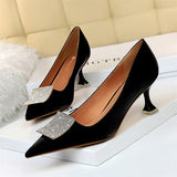 Amozae Women Soft Leather Cat Heels 6cm Shoes Elegant Pointy Toe Metal Crystal Buckle Woman Pumps   Slim Banquet Ladies Office Shoes