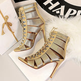 Women Fetish Stripper Sandals Ankle Boots 10cm High Heels Lace Up Gladiator Peep Toe Summer Gold Silver Quality   Shoes