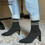 Knitting Boots High Heels Dress Shoes   New Pointed Toe Fashion Booties Black Striped Stretch Fabric Botas Mujer