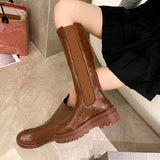 Amozae- Women's Knee High Boots Soft PU Women Long Boots Slip On  Woman Boot Thick Platform Round Toe Female Shoes Autumn Winter