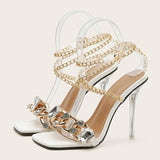 Amozae    Newest Crystal Chain Women Sandals Summer Party Wedding Shoes   Fashion Square Toe Transparent Perspex Stiletto Heels