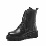 Krazing Pot superstar genuine leather thick med heel motorcycle boots platform round toe metal rivets lace up ankle boots l36